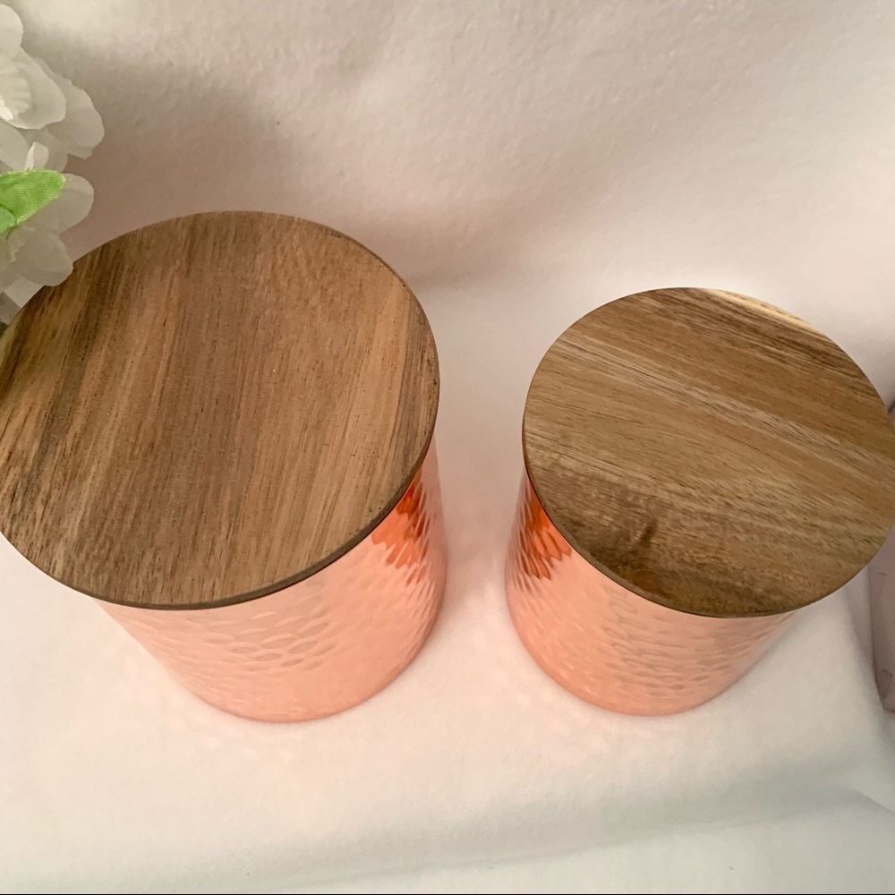 Uncommon James Hammered Copper Canisters Wood Lids - Picture 3 of 7